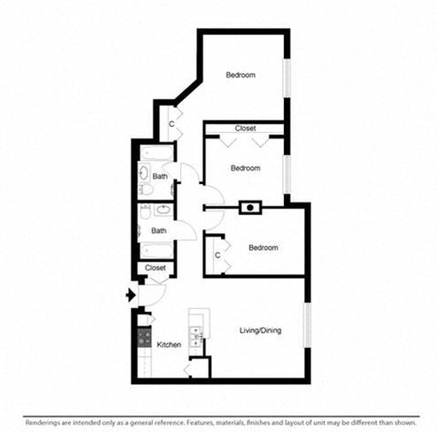 Floor plan for 3 beds, 2 baths, 1057 sqft